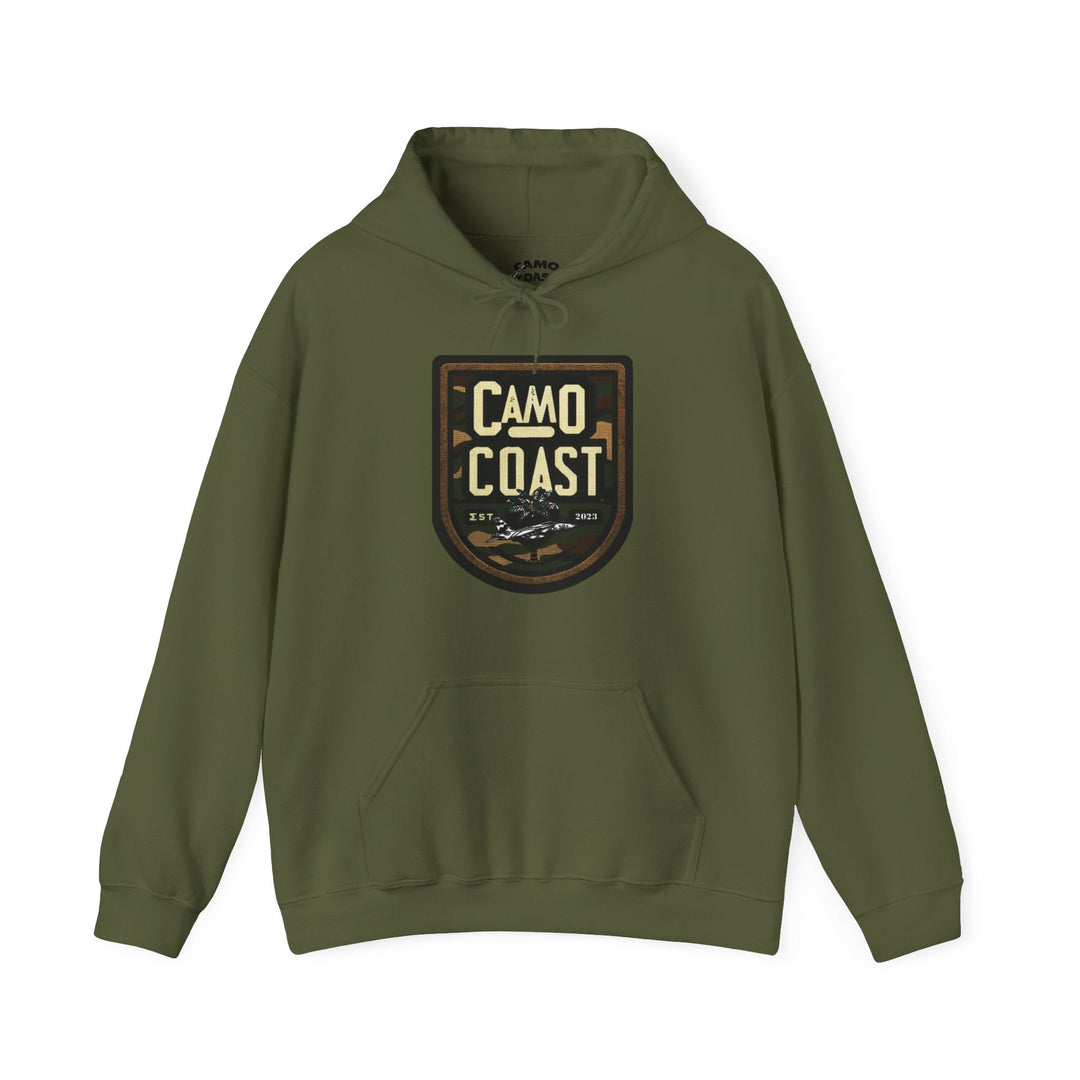 Military Green Camo Coast Patch Hoodie: Adventure with Comfort 