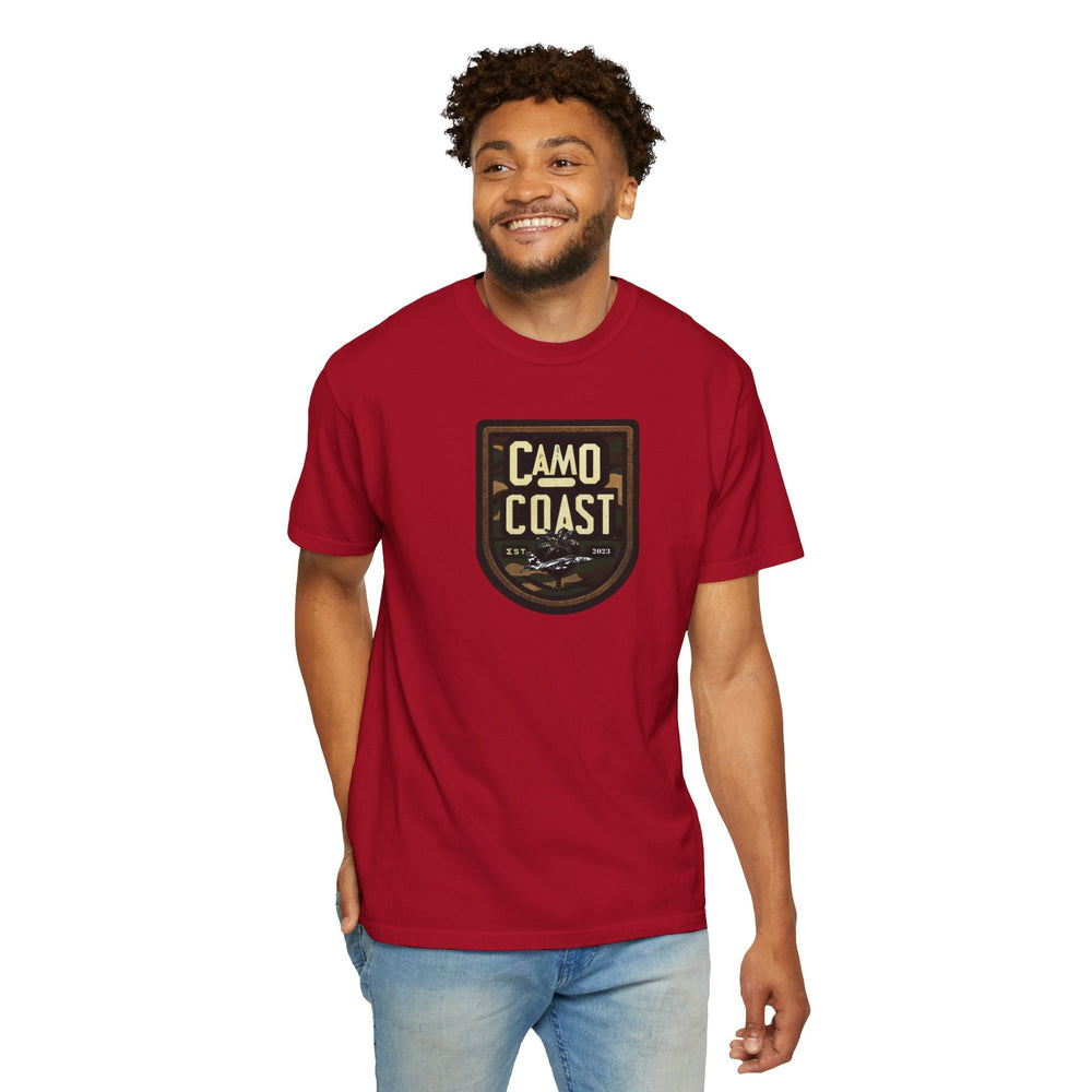 Red Camo Coast Patch Crew Neck T-Shirt: Wear Your Adventure - Camo CoastRed Camo Coast Patch Tee