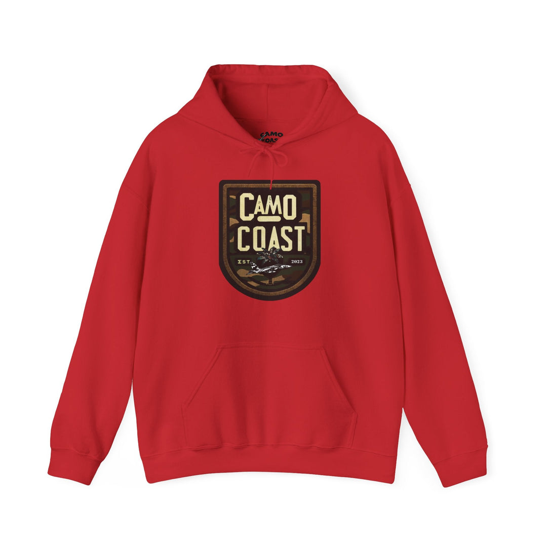 Red Camo Coast Patch Hoodie: Adventure with Comfort - Camo CoastRed Camo Coast Patch Hoodie: Adventure with Comfort